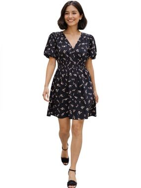 Madewell Mini A-Line Floral V-Neck Dress Balloon SS Black Cream Buttons Sz Small